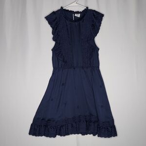 Sunday Best Dress Medium Blue Satin Eyelet Ruffle Cap Sleeve Lined Keyhole Mini